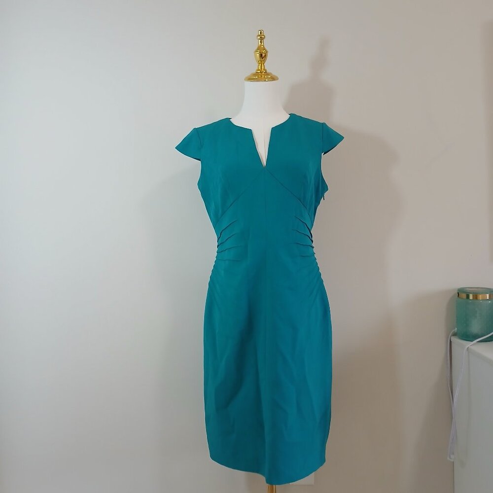 Adrianna Papell Teal Blue Sheath Dress Women's Size 8P Teal Ruched V-Neck